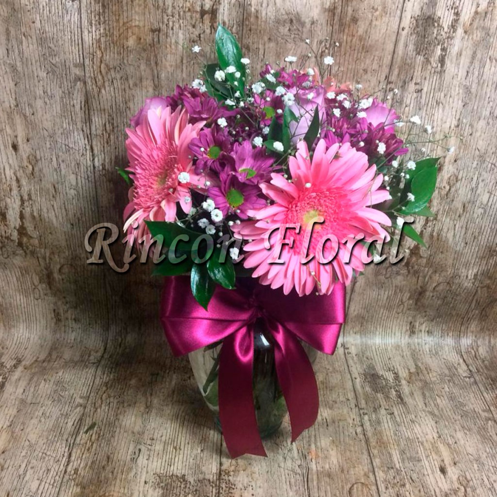 Jarrón Combinado de Rosa Lila, Gerbera Rosa y Margarita. CÓDIGO RF255