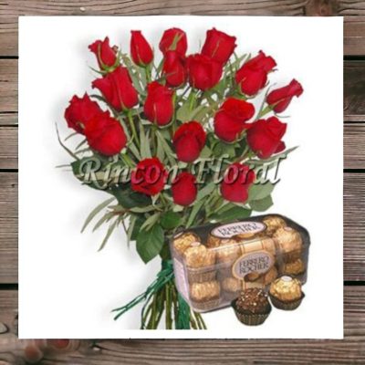 BOUQUET CON 18 ROSAS Y FERREROS RF041