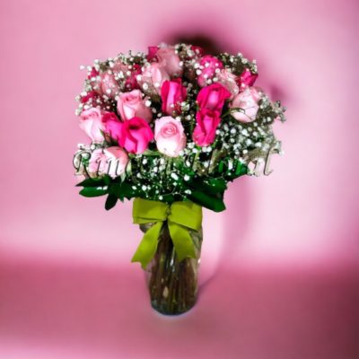 JARRÓN CON 24 ROSAS ROSA Y BABY BREATH RF074