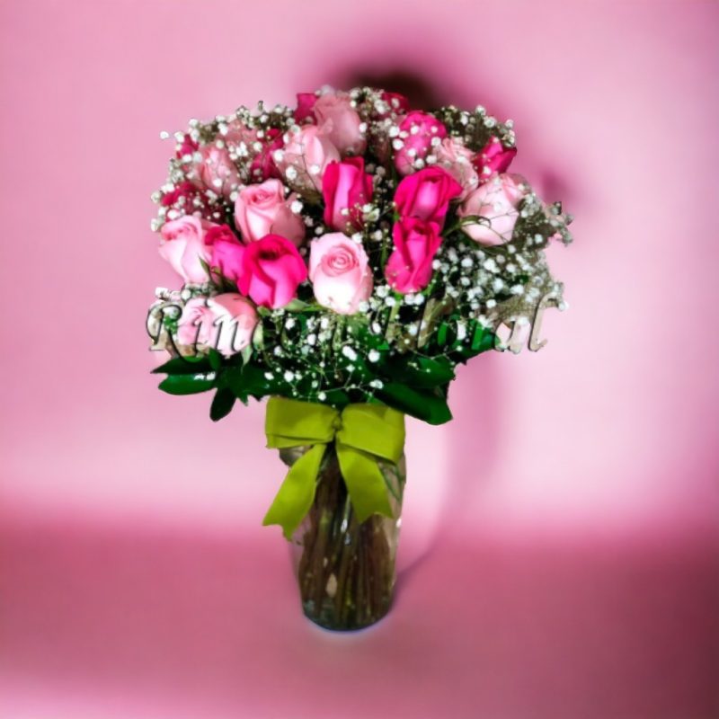 JARRÓN CON 24 ROSAS ROSA Y BABY BREATH RF074