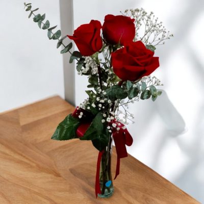 VIOLETERO CON 3 ROSAS ROJAS RF079