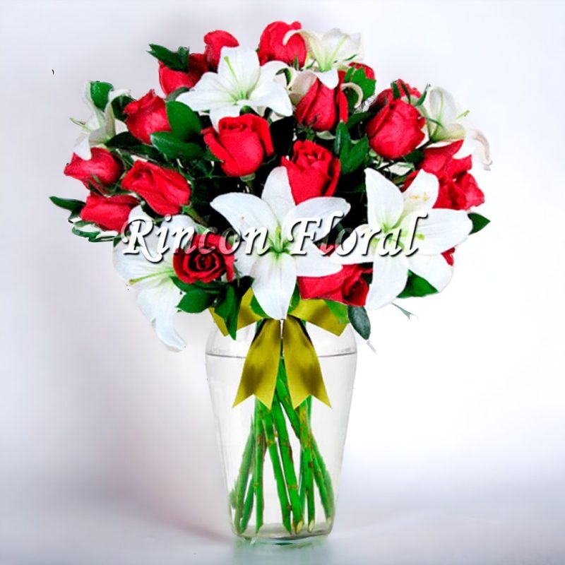 JARRÓN CON LILYS Y 24 ROSAS RF089