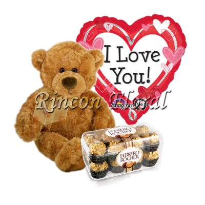 Oso de Peluche con Globo de Amor y chocolates Ferrero. CÓDIGO: RF156