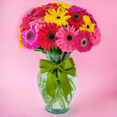JARRÓN CON 30 GERBERAS MULTICOLOR RF243