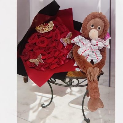 PELUCHE MONO Y BOUQUET CON 50 ROSAS ROJAS  RFV23