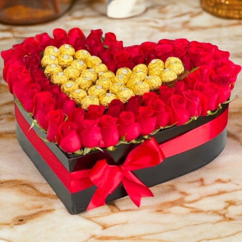 CAJA CORAZÓN GRANDE CON ROSAS Y FERREROS RFV94