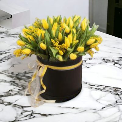 CAJA CILINDRO CON TULIPANES AMARILLOS RFA043