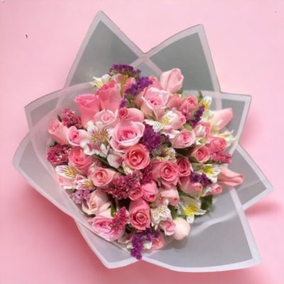 BOUQUET CON 36 ROSAS, STATICE Y ALSTROMELIAS RFM006