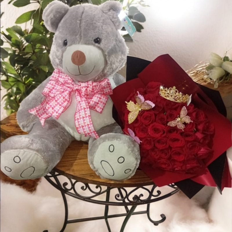 OSO DE PELUCHE Y RAMO DE 50 ROSAS RFP51
