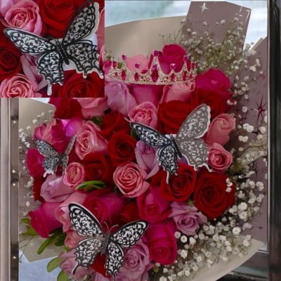 BOUQUET CON BANDA SORPRESA EN MARIPOSA RF893