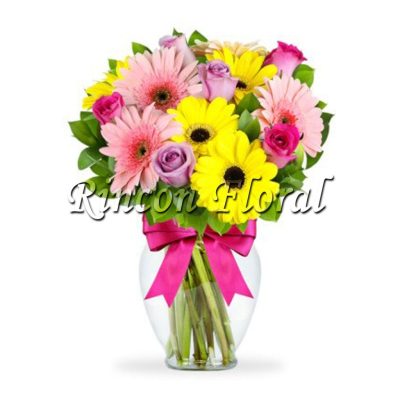 JARRÓN CON 10 GERBERAS Y 6 ROSAS RF161