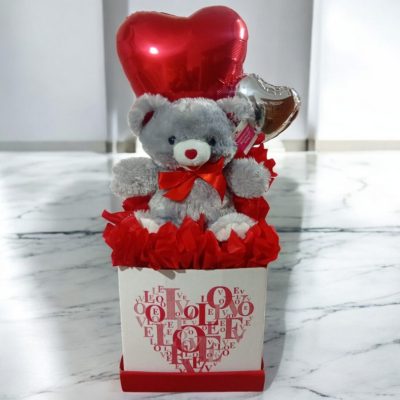 CAJA CON OSO DE PELUCHE LISTON ROJO RFV119
