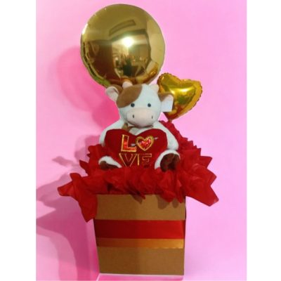 CAJA CON VACA PELUCHE CON CORAZON RFV120