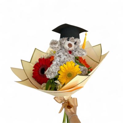 BOUQUET GERBERAS CON PELUCHE DE GRADUACIÓN RFG003