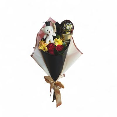 BOUQUET ROSAS Y ALSTROMERIAS CON MINI PELUCHE GRADUACIÓN RFG009