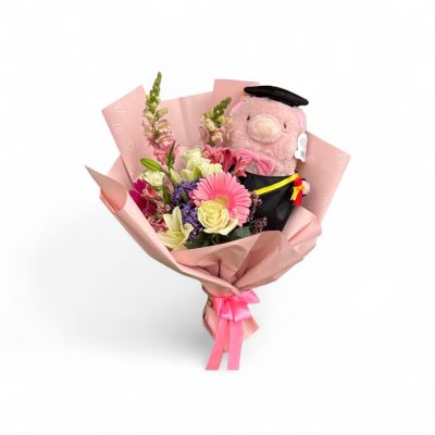 BOUQUET GEBERAS,LILYS Y PERRITO PELUCHE RFG013